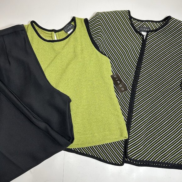 NWT Virgo Women 3pc Set Black Green Pants Jacket & Tank Wide Leg 3/4 Sleeve 12 - Picture 1 of 15